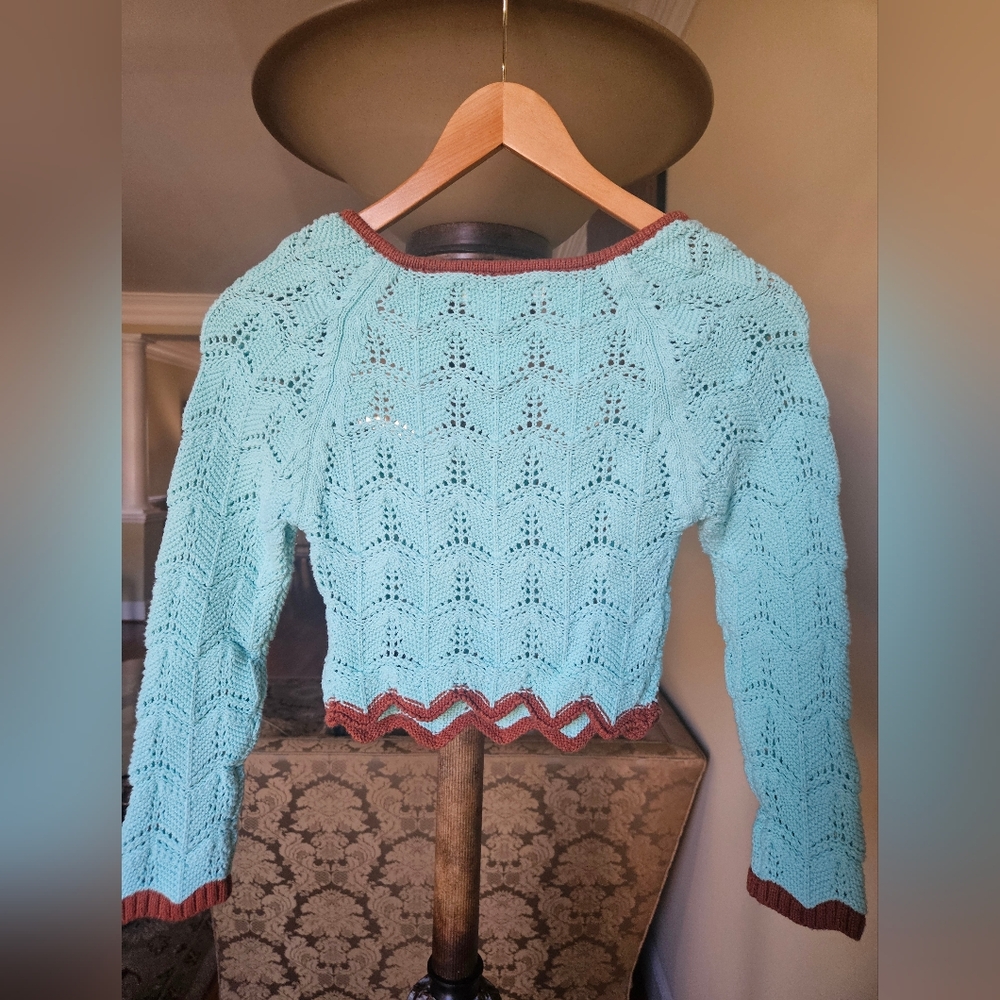 NWOT Urban Outfitters Aqua Open-Knit Sweater with Brown Trim - Picture 8 of 17